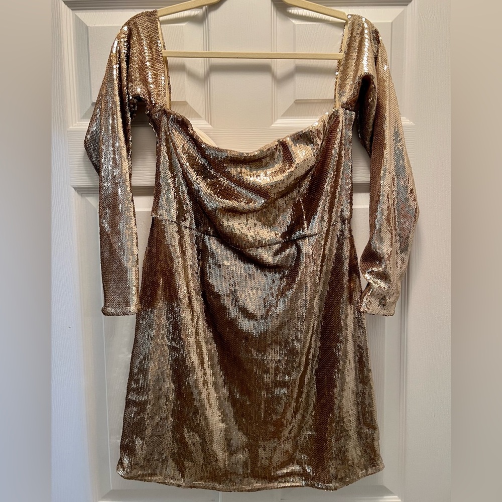 Off the shoulder bronze sequin mini dress